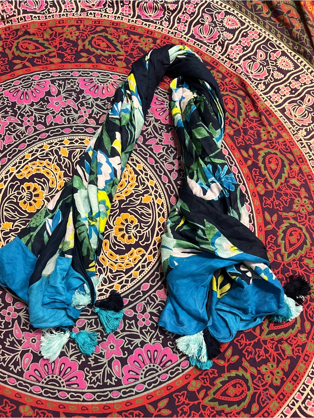 Loft Floral Tassel Scarf - Navy & Blue